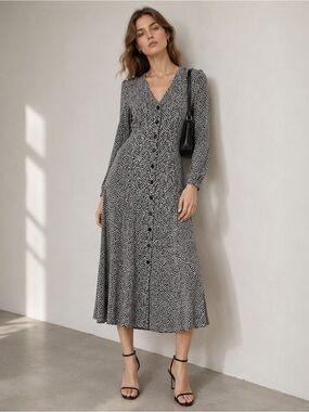 Vintage V-Neck Long-Sleeve Floral  Print Dress